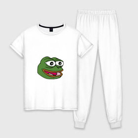 Женская пижама хлопок с принтом Pepe frog в Тюмени, 100% хлопок | брюки и футболка прямого кроя, без карманов, на брюках мягкая резинка на поясе и по низу штанин | meme pepe мем прикол лягушка