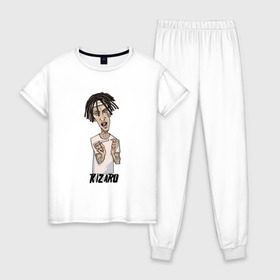 Женская пижама хлопок с принтом KIZARU в Тюмени, 100% хлопок | брюки и футболка прямого кроя, без карманов, на брюках мягкая резинка на поясе и по низу штанин | kizaru | rap | кизару | олег нечипоренко | реп