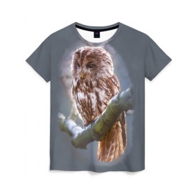 Женская футболка 3D с принтом Сова в Тюмени, 100% полиэфир ( синтетическое хлопкоподобное полотно) | прямой крой, круглый вырез горловины, длина до линии бедер | owl | ветка | ночной хищник | птица | птичка | серый | сова | хищная птица | хищник