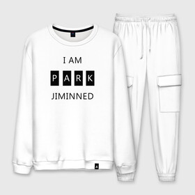 Мужской костюм хлопок с принтом BTS I am Park Jiminned в Тюмени, 100% хлопок | на свитшоте круглая горловина, мягкая резинка по низу. Брюки заужены к низу, на них два вида карманов: два “обычных” по бокам и два объемных, с клапанами, расположенные ниже линии бедра. Брюки с мягкой трикотажной резинкой на поясе и по низу штанин. В поясе для дополнительного комфорта — широкие завязки | bangtan | bangtan boys | bangtan sonyeondan | bts | bts jimin | jimin | k pop | park jimin | арми | бантан | бтс | бтс арми | бтс чимин | к поп | кей поп | пак чимин | чимин