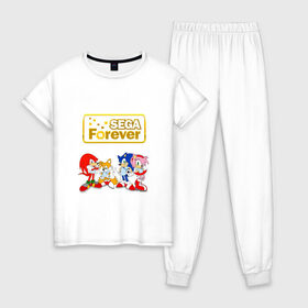 Женская пижама хлопок с принтом Sega Forever в Тюмени, 100% хлопок | брюки и футболка прямого кроя, без карманов, на брюках мягкая резинка на поясе и по низу штанин | knuckles | sonic | tails | наклз | сега | соник | тейлз