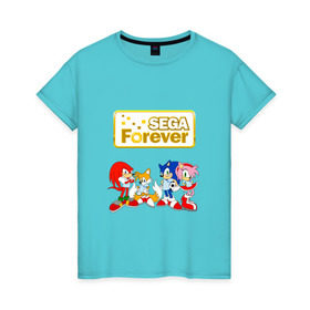 Женская футболка хлопок с принтом Sega Forever в Тюмени, 100% хлопок | прямой крой, круглый вырез горловины, длина до линии бедер, слегка спущенное плечо | knuckles | sonic | tails | наклз | сега | соник | тейлз