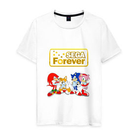 Мужская футболка хлопок с принтом Sega Forever в Тюмени, 100% хлопок | прямой крой, круглый вырез горловины, длина до линии бедер, слегка спущенное плечо. | Тематика изображения на принте: knuckles | sonic | tails | наклз | сега | соник | тейлз