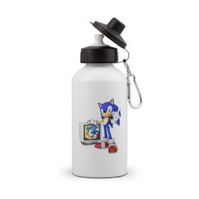 Бутылка спортивная с принтом Sonic в Тюмени, металл | емкость — 500 мл, в комплекте две пластиковые крышки и карабин для крепления | Тематика изображения на принте: sega | сега | соник