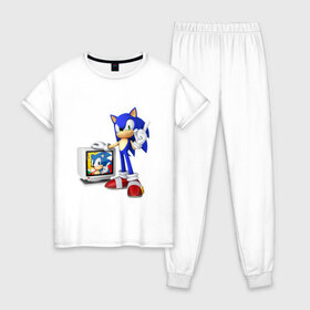 Женская пижама хлопок с принтом Sonic в Тюмени, 100% хлопок | брюки и футболка прямого кроя, без карманов, на брюках мягкая резинка на поясе и по низу штанин | sega | сега | соник