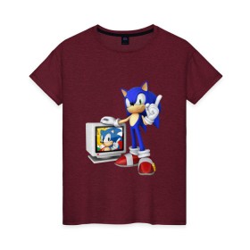 Женская футболка хлопок с принтом Sonic в Тюмени, 100% хлопок | прямой крой, круглый вырез горловины, длина до линии бедер, слегка спущенное плечо | sega | сега | соник