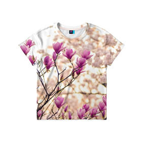 Детская футболка 3D с принтом Сакура в Тюмени, 100% гипоаллергенный полиэфир | прямой крой, круглый вырез горловины, длина до линии бедер, чуть спущенное плечо, ткань немного тянется | деревья | красота | небо | природа | сакура | цветение | цветы | япония