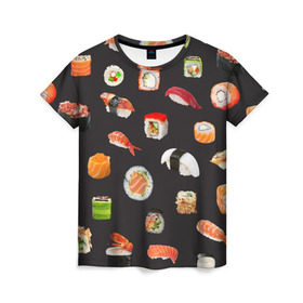 Женская футболка 3D с принтом Суши в Тюмени, 100% полиэфир ( синтетическое хлопкоподобное полотно) | прямой крой, круглый вырез горловины, длина до линии бедер | food | rolls | sushi | tokyo | еда | роллы | суши | токио