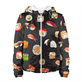 Женская куртка 3D с принтом Суши в Тюмени, ткань верха — 100% полиэстер, подклад — флис | прямой крой, подол и капюшон оформлены резинкой с фиксаторами, два кармана без застежек по бокам, один большой потайной карман на груди. Карман на груди застегивается на липучку | Тематика изображения на принте: food | rolls | sushi | tokyo | еда | роллы | суши | токио