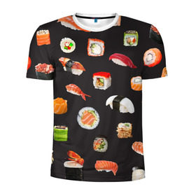 Мужская футболка 3D спортивная с принтом Суши в Тюмени, 100% полиэстер с улучшенными характеристиками | приталенный силуэт, круглая горловина, широкие плечи, сужается к линии бедра | food | rolls | sushi | tokyo | еда | роллы | суши | токио
