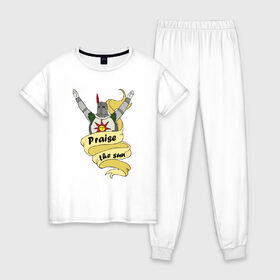 Женская пижама хлопок с принтом Praise the Sun в Тюмени, 100% хлопок | брюки и футболка прямого кроя, без карманов, на брюках мягкая резинка на поясе и по низу штанин | dark souls | dark souls 3