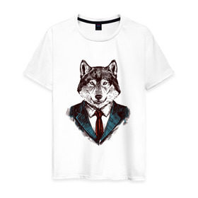 Мужская футболка хлопок с принтом Волк Бизнесмен в Тюмени, 100% хлопок | прямой крой, круглый вырез горловины, длина до линии бедер, слегка спущенное плечо. | бизнес | бизнесмен | волк | волк в костюме | волк с уолл стрит | волки | дикий