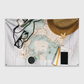 Флаг-баннер с принтом Тайна путешествия в Тюмени, 100% полиэстер | размер 67 х 109 см, плотность ткани — 95 г/м2; по краям флага есть четыре люверса для крепления | авантюра | карта | путешественник | турист