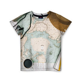 Детская футболка 3D с принтом Тайна путешествия в Тюмени, 100% гипоаллергенный полиэфир | прямой крой, круглый вырез горловины, длина до линии бедер, чуть спущенное плечо, ткань немного тянется | Тематика изображения на принте: авантюра | карта | путешественник | турист