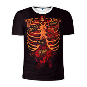 Мужская футболка 3D спортивная с принтом Человеческий скелет в Тюмени, 100% полиэстер с улучшенными характеристиками | приталенный силуэт, круглая горловина, широкие плечи, сужается к линии бедра | Тематика изображения на принте: 3d скелет | кости | легкие | органы | ребра | сердце | скелет | человек