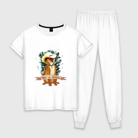 Женская пижама хлопок с принтом What in Tarnation? в Тюмени, 100% хлопок | брюки и футболка прямого кроя, без карманов, на брюках мягкая резинка на поясе и по низу штанин | dog | doge | meme | memes | мем | мемы | собака | собакен | шиба ину