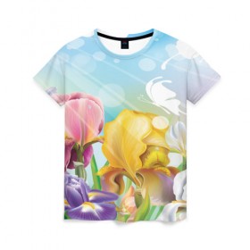 Женская футболка 3D с принтом Весна в Тюмени, 100% полиэфир ( синтетическое хлопкоподобное полотно) | прямой крой, круглый вырез горловины, длина до линии бедер | flower | spring | бабочки | весна | лилия | небо | природа | солнце | цветы