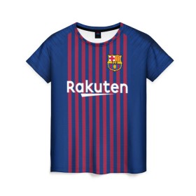 Женская футболка 3D с принтом Messi home 18-19 в Тюмени, 100% полиэфир ( синтетическое хлопкоподобное полотно) | прямой крой, круглый вырез горловины, длина до линии бедер | barcelona | champions | league | lionel | messi | spain | барселона | испания | лига | лионель | месси | чемпионов