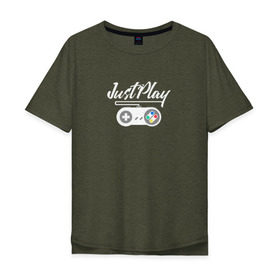 Мужская футболка хлопок Oversize с принтом Just Play в Тюмени, 100% хлопок | свободный крой, круглый ворот, “спинка” длиннее передней части | game | gamepad | gamer | joystick | player | денди | джойстик | игра | игрок | консоль | приставка