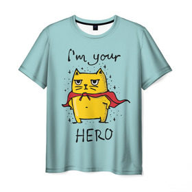 Мужская футболка 3D с принтом Я твой герой в Тюмени, 100% полиэфир | прямой крой, круглый вырез горловины, длина до линии бедер | cat | герой | домашние любимцы | животные | котики | котэ | котята | любовь | милые