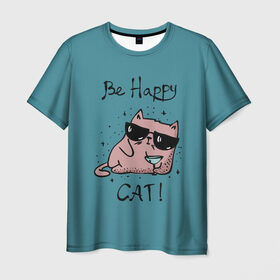 Мужская футболка 3D с принтом Быть счастливым котом! в Тюмени, 100% полиэфир | прямой крой, круглый вырез горловины, длина до линии бедер | Тематика изображения на принте: cat | happy | домашние любимцы | животные | котики | котэ | котята | любов | милые | счастье