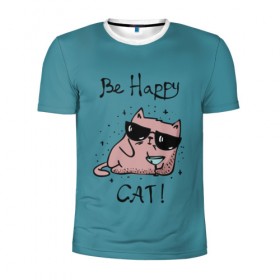 Мужская футболка 3D спортивная с принтом Быть счастливым котом! в Тюмени, 100% полиэстер с улучшенными характеристиками | приталенный силуэт, круглая горловина, широкие плечи, сужается к линии бедра | Тематика изображения на принте: cat | happy | домашние любимцы | животные | котики | котэ | котята | любов | милые | счастье