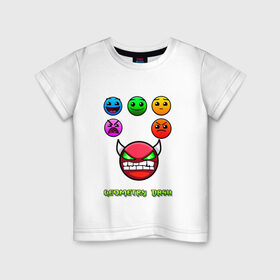 Детская футболка хлопок с принтом Geometry dash icons в Тюмени, 100% хлопок | круглый вырез горловины, полуприлегающий силуэт, длина до линии бедер | Тематика изображения на принте: gd | геометрия | демон | дьявол | дэш | иконки | сложно | сложность