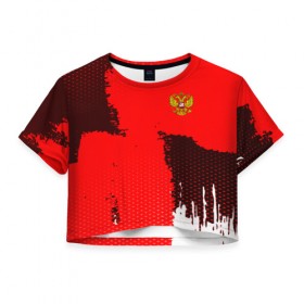 Женская футболка 3D укороченная с принтом RUSSIA SPORT RED в Тюмени, 100% полиэстер | круглая горловина, длина футболки до линии талии, рукава с отворотами | 