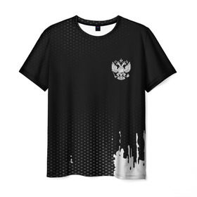 Мужская футболка 3D с принтом Russia black collection в Тюмени, 100% полиэфир | прямой крой, круглый вырез горловины, длина до линии бедер | Тематика изображения на принте: abstraction | grunge | russia | sport | абстракция | герб | краска | русский | символика рф | спорт | спортивный | триколор | униформа | форма | я русский