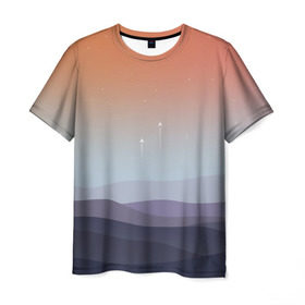 Мужская футболка 3D с принтом Безмятежность в Тюмени, 100% полиэфир | прямой крой, круглый вырез горловины, длина до линии бедер | landscape | stars | барханы | взлёт | звёзды | космос | небо | пейзаж | пески | полёт | пустыня | ракета