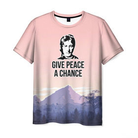 Мужская футболка 3D с принтом Give Peace a Chance в Тюмени, 100% полиэфир | прямой крой, круглый вырез горловины, длина до линии бедер | битлз | горы | джон леннон | ленон | мир | песня | цитаты | шанс