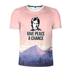 Мужская футболка 3D спортивная с принтом Give Peace a Chance в Тюмени, 100% полиэстер с улучшенными характеристиками | приталенный силуэт, круглая горловина, широкие плечи, сужается к линии бедра | битлз | горы | джон леннон | ленон | мир | песня | цитаты | шанс