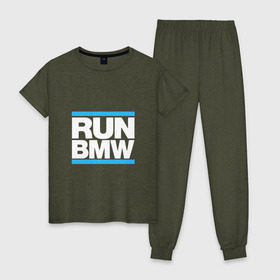 Женская пижама хлопок с принтом Run BMW в Тюмени, 100% хлопок | брюки и футболка прямого кроя, без карманов, на брюках мягкая резинка на поясе и по низу штанин | 