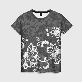 Женская футболка 3D с принтом Кружевной узор в Тюмени, 100% полиэфир ( синтетическое хлопкоподобное полотно) | прямой крой, круглый вырез горловины, длина до линии бедер | flowers | pattern | арт | винтаж | кружева | орнамент | текстура | узор | цветы | черно белый