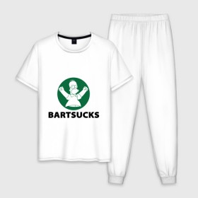 Мужская пижама хлопок с принтом Bartsucks в Тюмени, 100% хлопок | брюки и футболка прямого кроя, без карманов, на брюках мягкая резинка на поясе и по низу штанин
 | bart | homer | simpsons | барт | гомер | старбакс