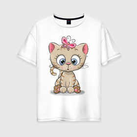 Женская футболка хлопок Oversize с принтом Кот и бабочка в Тюмени, 100% хлопок | свободный крой, круглый ворот, спущенный рукав, длина до линии бедер
 | бабочка | девочкам | девушкам | детям | кавайный | кот | котёнок | кошечка | милый | симпатичный