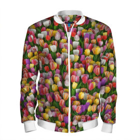 Мужской бомбер 3D с принтом Разноцветные тюльпаны в Тюмени, 100% полиэстер | застегивается на молнию, по бокам два кармана без застежек, по низу бомбера и на воротнике - эластичная резинка | Тематика изображения на принте: 8 марта | tulip | белый | букет | желтый | зеленый | красный | паттерн | розовый | тюльпан | тюльпанчики | цветок | цветочки | цветы