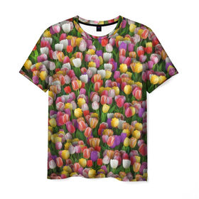 Мужская футболка 3D с принтом Разноцветные тюльпаны в Тюмени, 100% полиэфир | прямой крой, круглый вырез горловины, длина до линии бедер | Тематика изображения на принте: 8 марта | tulip | белый | букет | желтый | зеленый | красный | паттерн | розовый | тюльпан | тюльпанчики | цветок | цветочки | цветы
