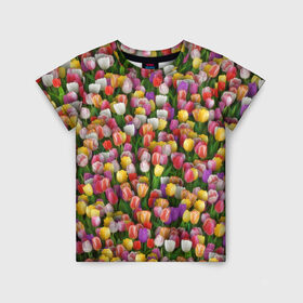 Детская футболка 3D с принтом Разноцветные тюльпаны в Тюмени, 100% гипоаллергенный полиэфир | прямой крой, круглый вырез горловины, длина до линии бедер, чуть спущенное плечо, ткань немного тянется | 8 марта | tulip | белый | букет | желтый | зеленый | красный | паттерн | розовый | тюльпан | тюльпанчики | цветок | цветочки | цветы