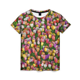 Женская футболка 3D с принтом Разноцветные тюльпаны в Тюмени, 100% полиэфир ( синтетическое хлопкоподобное полотно) | прямой крой, круглый вырез горловины, длина до линии бедер | 8 марта | tulip | белый | букет | желтый | зеленый | красный | паттерн | розовый | тюльпан | тюльпанчики | цветок | цветочки | цветы