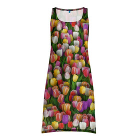 Платье-майка 3D с принтом Разноцветные тюльпаны в Тюмени, 100% полиэстер | полуприлегающий силуэт, широкие бретели, круглый вырез горловины, удлиненный подол сзади. | 8 марта | tulip | белый | букет | желтый | зеленый | красный | паттерн | розовый | тюльпан | тюльпанчики | цветок | цветочки | цветы