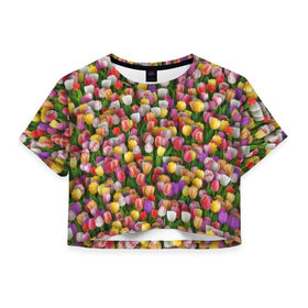 Женская футболка 3D укороченная с принтом Разноцветные тюльпаны в Тюмени, 100% полиэстер | круглая горловина, длина футболки до линии талии, рукава с отворотами | 8 марта | tulip | белый | букет | желтый | зеленый | красный | паттерн | розовый | тюльпан | тюльпанчики | цветок | цветочки | цветы