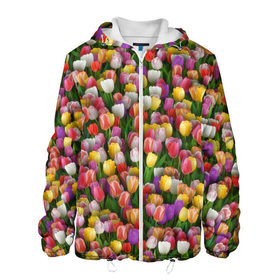 Мужская куртка 3D с принтом Разноцветные тюльпаны в Тюмени, ткань верха — 100% полиэстер, подклад — флис | прямой крой, подол и капюшон оформлены резинкой с фиксаторами, два кармана без застежек по бокам, один большой потайной карман на груди. Карман на груди застегивается на липучку | Тематика изображения на принте: 8 марта | tulip | белый | букет | желтый | зеленый | красный | паттерн | розовый | тюльпан | тюльпанчики | цветок | цветочки | цветы