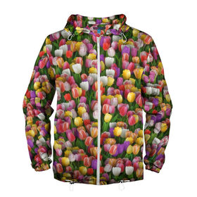 Мужская ветровка 3D с принтом Разноцветные тюльпаны в Тюмени, 100% полиэстер | подол и капюшон оформлены резинкой с фиксаторами, два кармана без застежек по бокам, один потайной карман на груди | Тематика изображения на принте: 8 марта | tulip | белый | букет | желтый | зеленый | красный | паттерн | розовый | тюльпан | тюльпанчики | цветок | цветочки | цветы