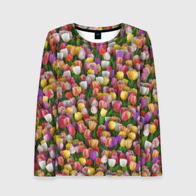 Женский лонгслив 3D с принтом Разноцветные тюльпаны в Тюмени, 100% полиэстер | длинные рукава, круглый вырез горловины, полуприлегающий силуэт | 8 марта | tulip | белый | букет | желтый | зеленый | красный | паттерн | розовый | тюльпан | тюльпанчики | цветок | цветочки | цветы