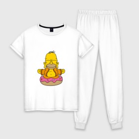 Женская пижама хлопок с принтом Гомерчик в Тюмени, 100% хлопок | брюки и футболка прямого кроя, без карманов, на брюках мягкая резинка на поясе и по низу штанин | donut | homer | simpsons | будда | гомер | пончик