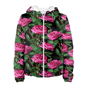 Женская куртка 3D с принтом Розовые розы в Тюмени, ткань верха — 100% полиэстер, подклад — флис | прямой крой, подол и капюшон оформлены резинкой с фиксаторами, два кармана без застежек по бокам, один большой потайной карман на груди. Карман на груди застегивается на липучку | 