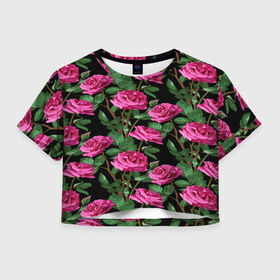 Женская футболка 3D укороченная с принтом Розовые розы в Тюмени, 100% полиэстер | круглая горловина, длина футболки до линии талии, рукава с отворотами | 