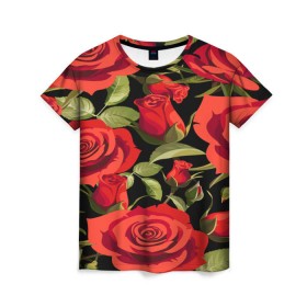 Женская футболка 3D с принтом Великолепные розы в Тюмени, 100% полиэфир ( синтетическое хлопкоподобное полотно) | прямой крой, круглый вырез горловины, длина до линии бедер | flower | pattern | spring | букет | весна | паттерн | праздник | розы | цветочный | цветы