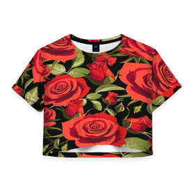 Женская футболка 3D укороченная с принтом Великолепные розы в Тюмени, 100% полиэстер | круглая горловина, длина футболки до линии талии, рукава с отворотами | flower | pattern | spring | букет | весна | паттерн | праздник | розы | цветочный | цветы